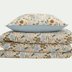 Housse de couette 240x220cm et 2 taies d'oreiller 63x63cm en percale de coton motif floral - bleu