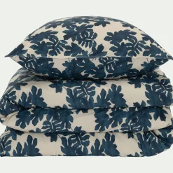 Housse de couette 260x240cm et 2 taies d'oreiller 63x63cm en coton avec motif feuilles - bleu