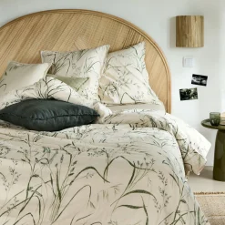 Housse de couette 240x220cm et 2 taies d'oreiller 63x63cm en coton à motif végétal - beige