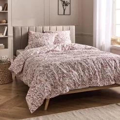 Housse de couette 240x220cm et 2 taies d'oreiller 63x63cm en coton lavé motif floral abstrait - marron