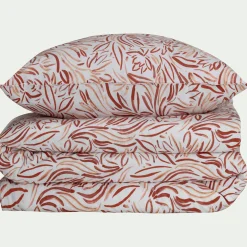 Housse de couette 240x220cm et 2 taies d'oreiller 63x63cm en coton lavé motif floral abstrait - marron