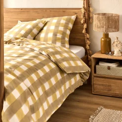 Housse de couette 240x220cm et 2 taies d'oreiller 63x63cm en coton lavé à motif carreaux - marron