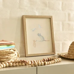 Illustration encadrée motif cigognes 22x27cm - bois clair