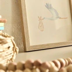 Illustration encadrée motif cigognes 22x27cm - bois clair