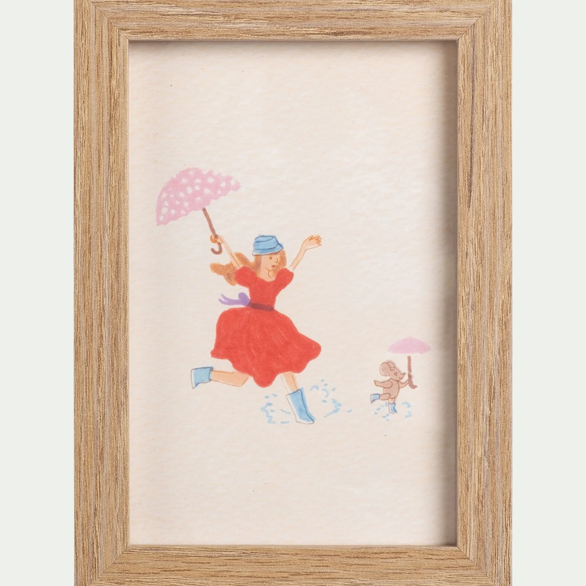 Illustration encadrée motif Sarah en robe rouge 12x17cm - bois clair