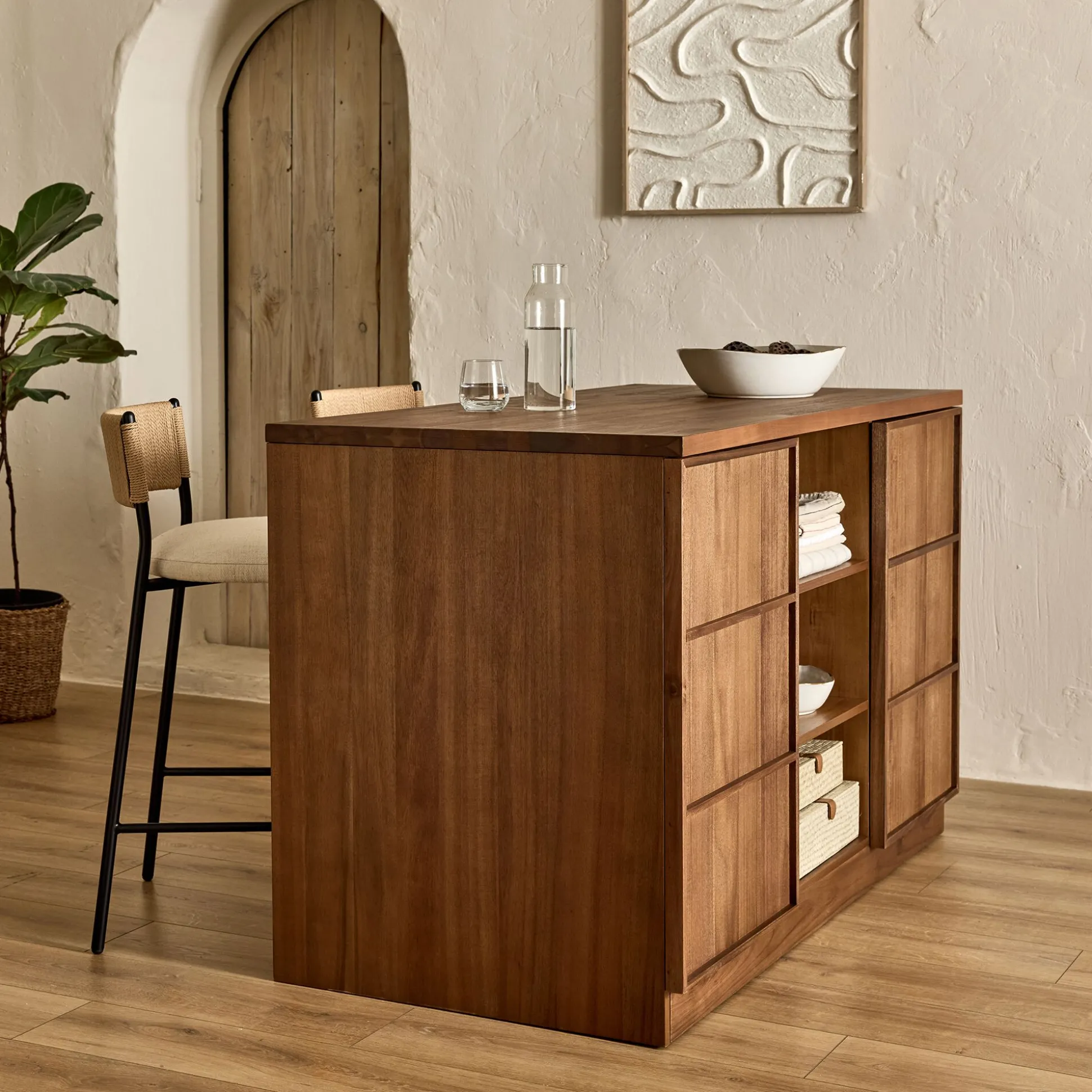 Ilot central de cuisine avec rangement en acacia L140cm - bois foncé