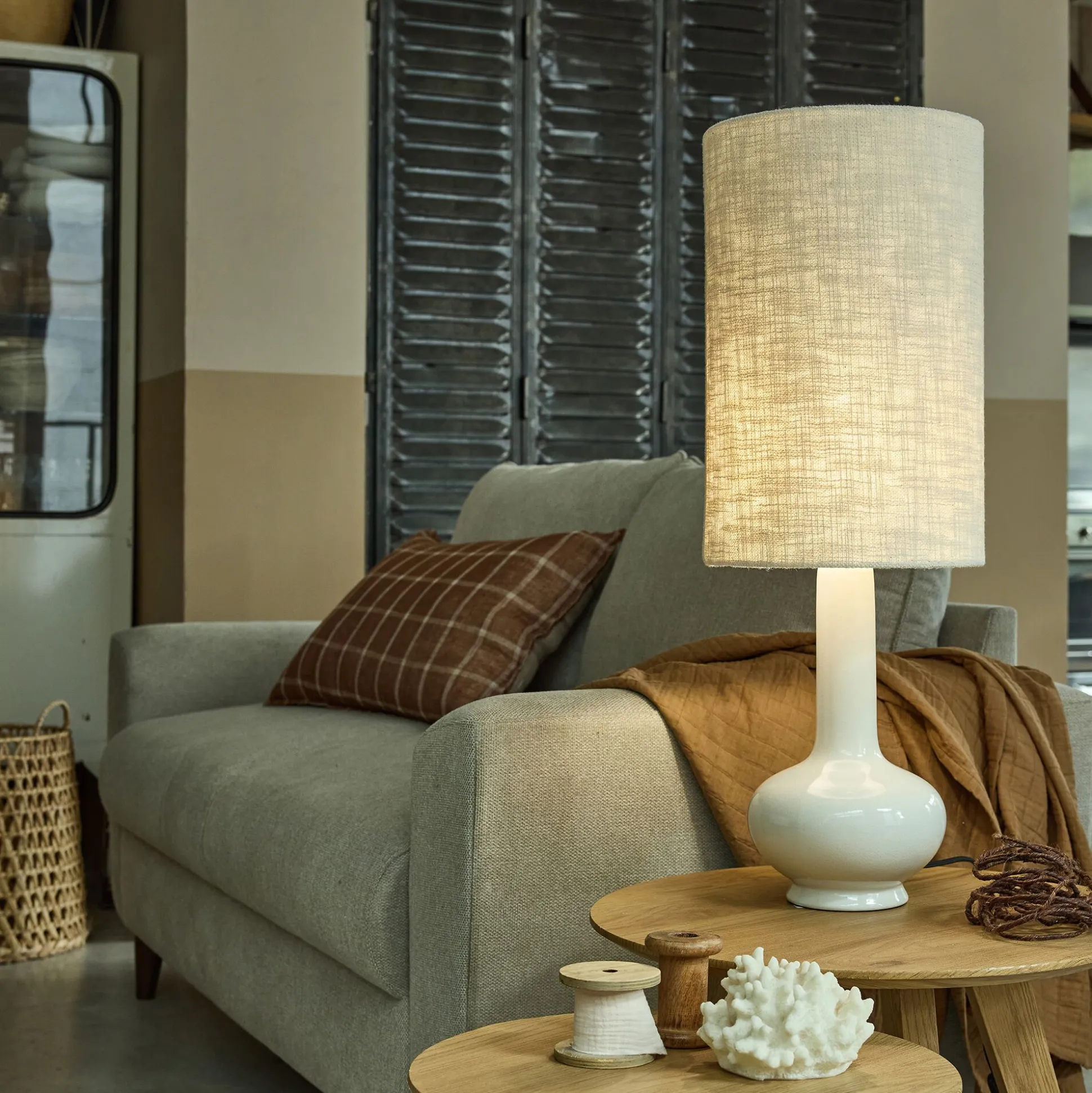 Lampe à poser électrifiée en céramique et coton H73cm - blanc