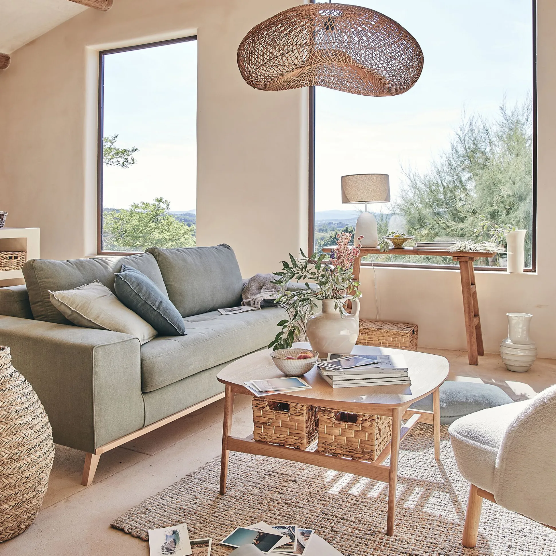 Lampe à poser électrifiée en céramique et lin H55cm - blanc