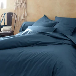 Linge de lit uni en percale de coton - bleu figuerolles