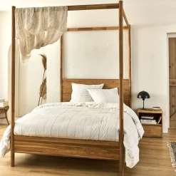 Lit 2 places à baldaquin en acacia massif 160x200cm - bois clair
