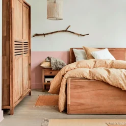 Lit 2 places avec tête de lit en acacia 160x200cm - bois clair