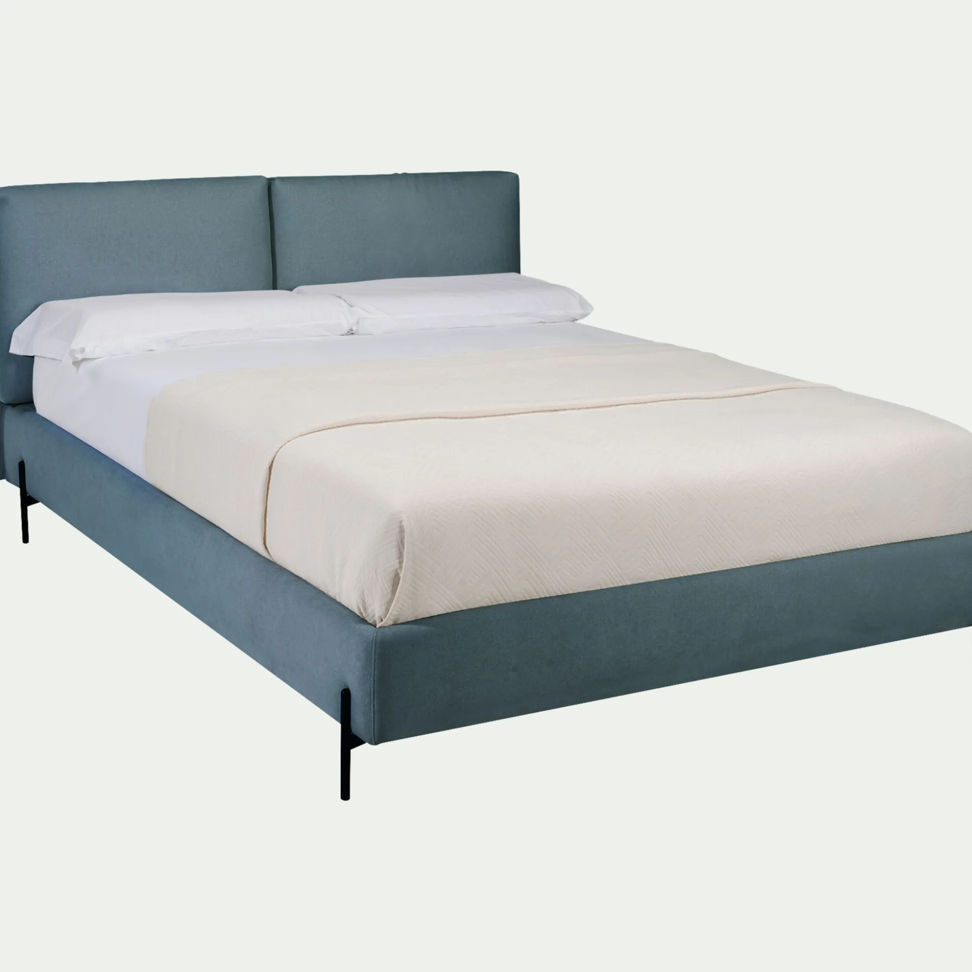 Lit 2 places avec tête de lit en tissu doux 160x200cm - bleu niolon