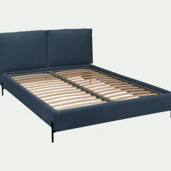 Lit 2 places avec tête de lit en velours 160x200cm - bleu céou