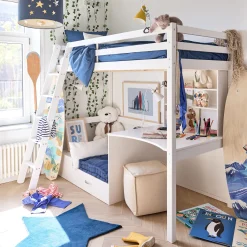 Lit mezzanine en pin 90x200cm avec bureau - blanc