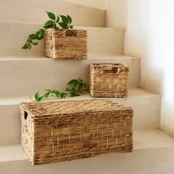 Lot de 3 caisses de rangement en jacinthe d'eau - naturel