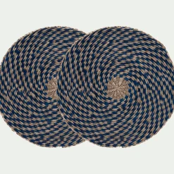 Lot de 2 sets de table ronds en jonc de mer D36cm - bleu