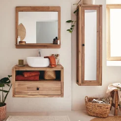 Meuble sous vasque simple mural en acacia L80cm - bois clair