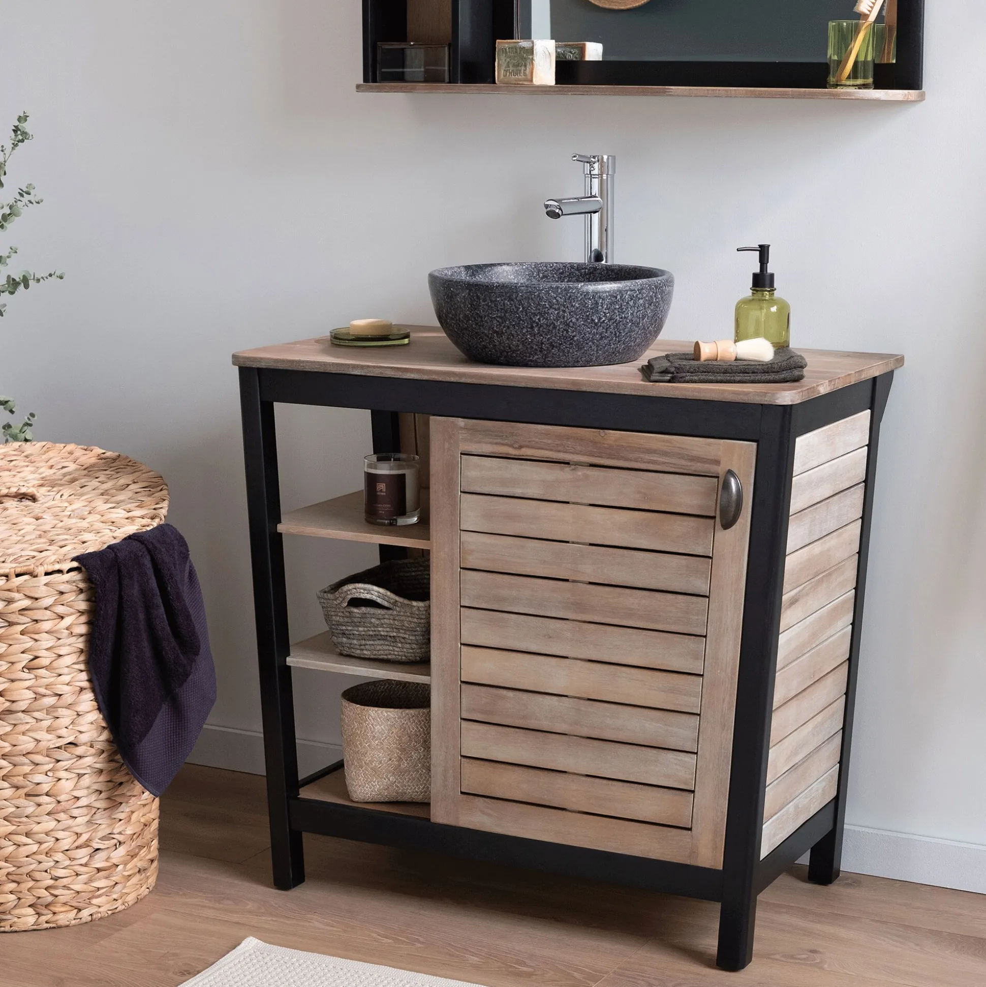 Meuble sous-vasque simple 1 porte en acacia massif - L90cm