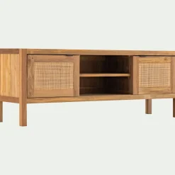 Meuble tv 2 portes en teck recyclé et cannage L150cm - bois clair