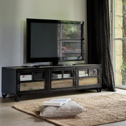 Meuble TV en pin, acier et verre - bois foncé L150xl45xH45cm
