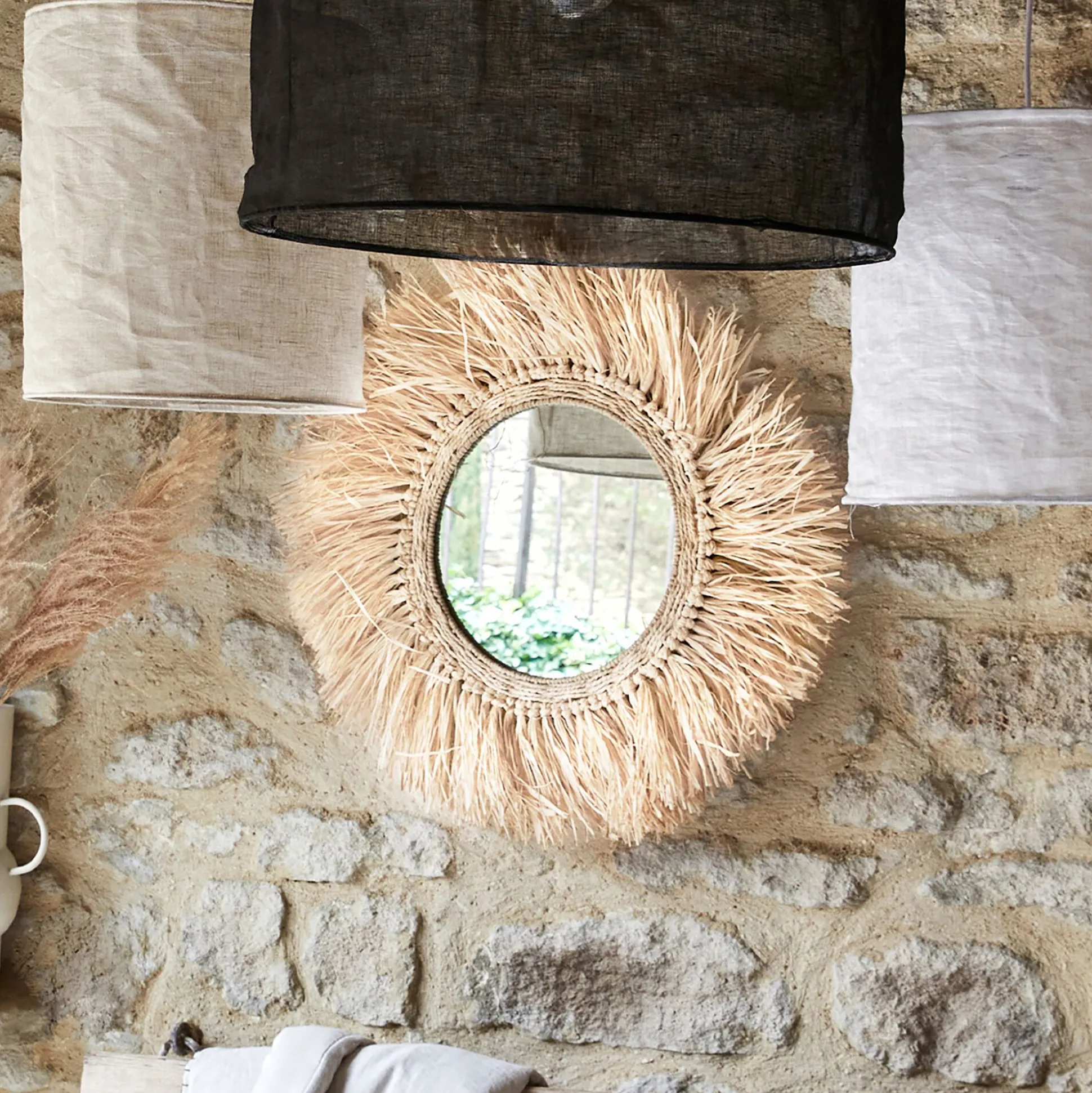 Miroir rond avec franges en raphia D65cm