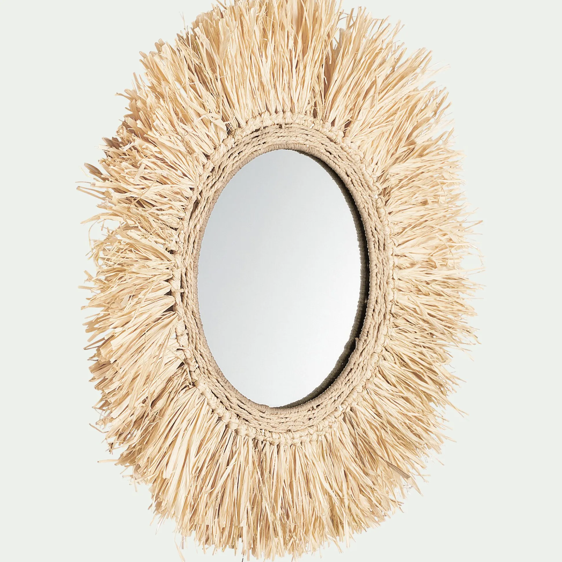 Miroir rond avec franges en raphia D65cm