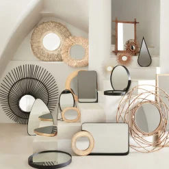 Miroir rond avec franges en raphia D65cm