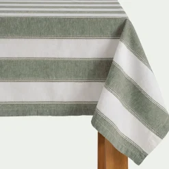 Nappe à rayures vertes en lin et coton 150x250cm - blanc