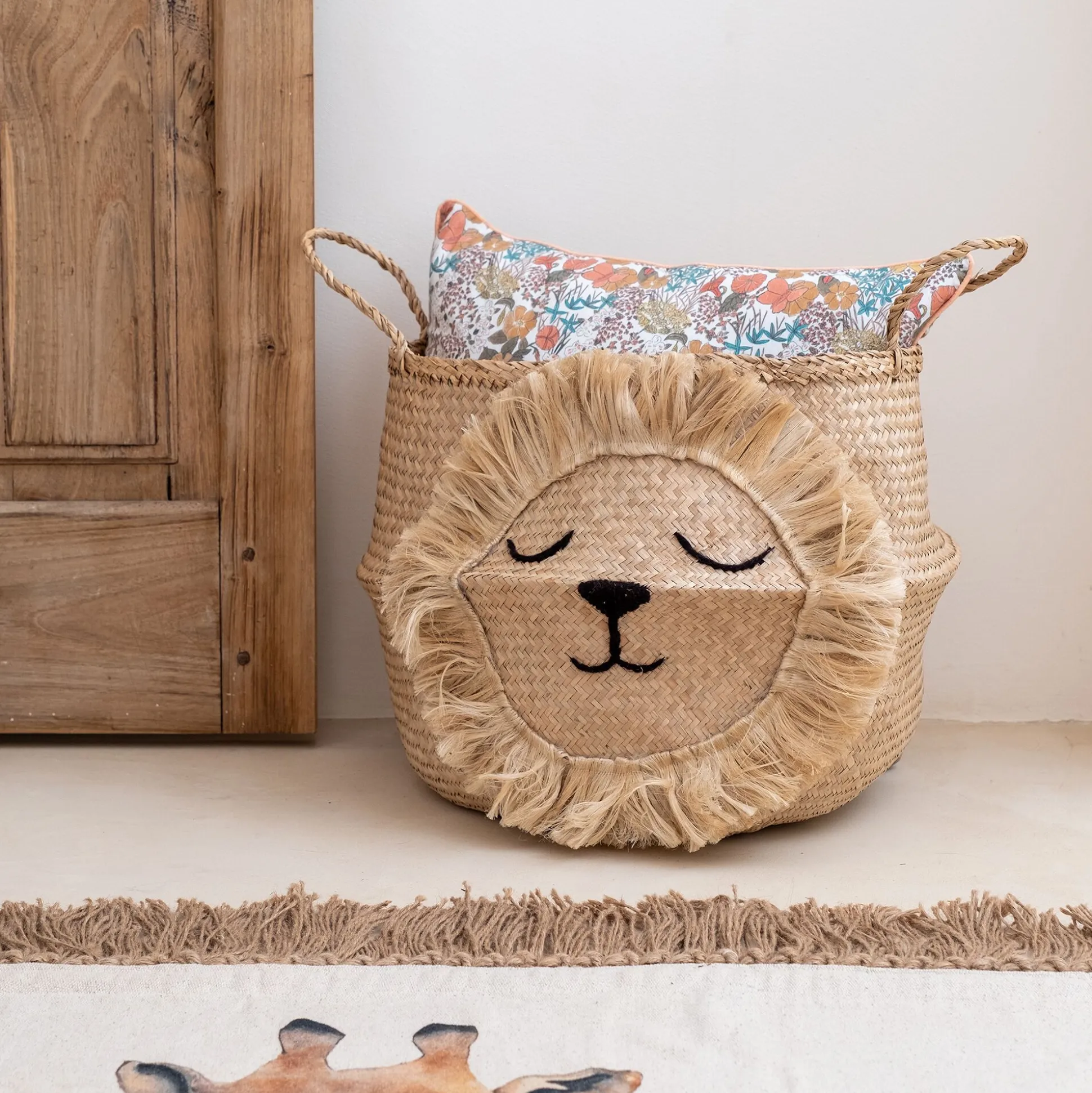 Panier déco lion en jonc de mer D40xH38cm - naturel