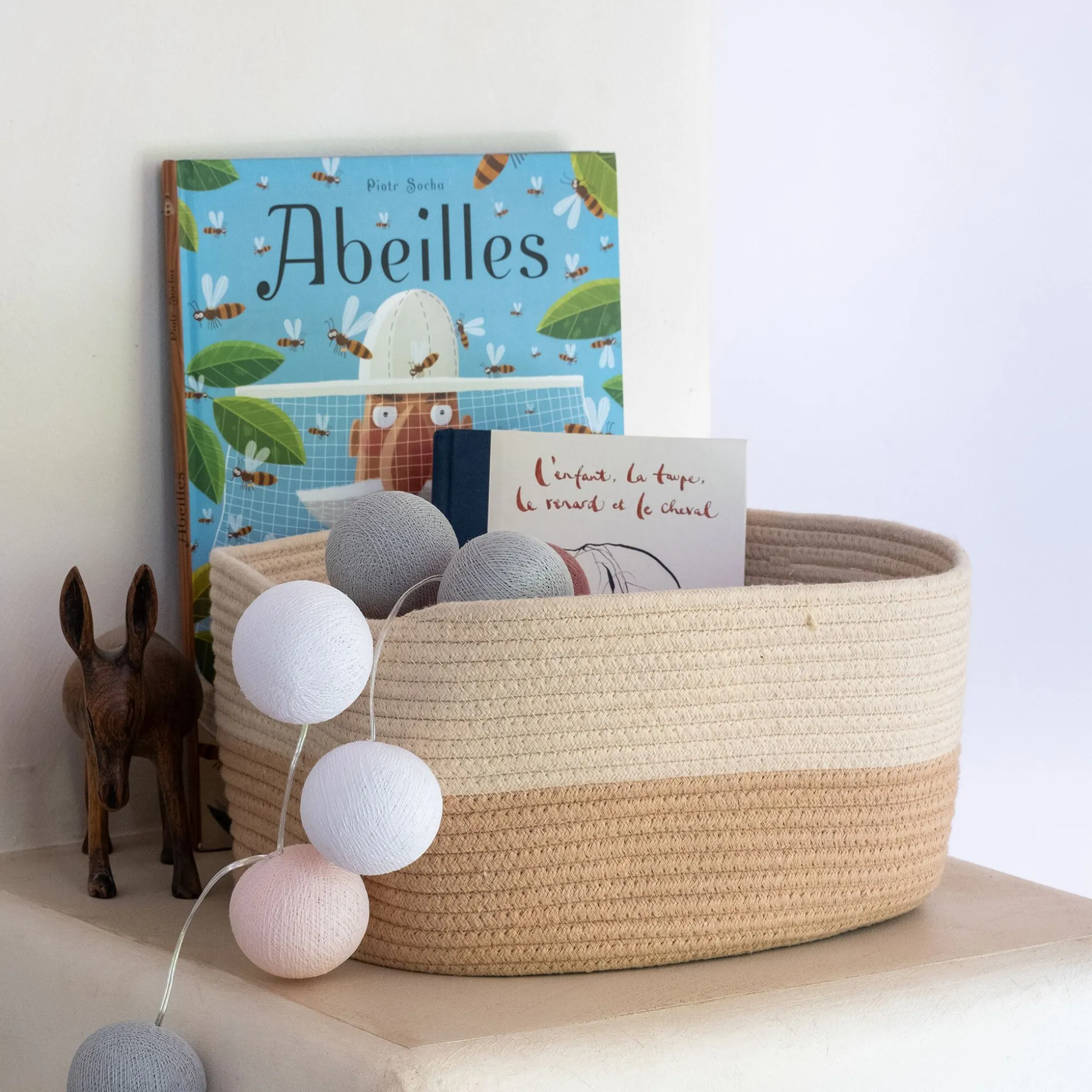 Panier de rangement bicolore en tissu H20cm - beige