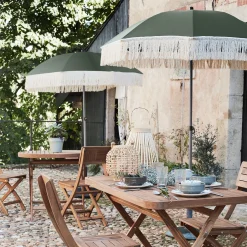 Parasol à franges et pied de parasol D180cm - vert kaki