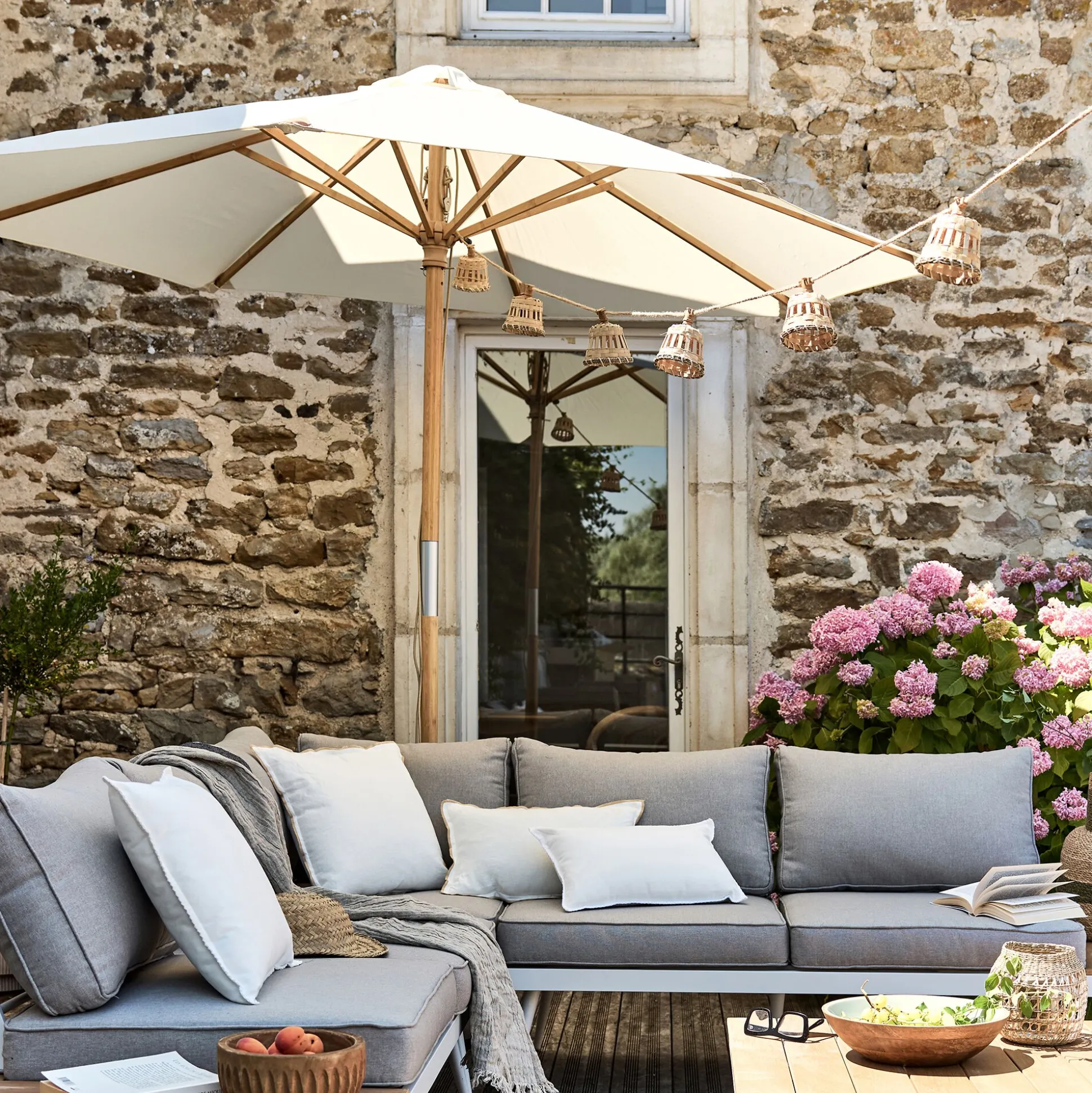 Parasol droit en bambou D270cm - blanc écru