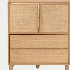 Petit buffet en bois de chêne avec portes et tiroirs en raphia - bois clair