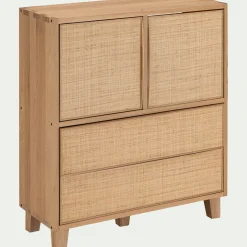 Petit buffet en bois de chêne avec portes et tiroirs en raphia - bois clair