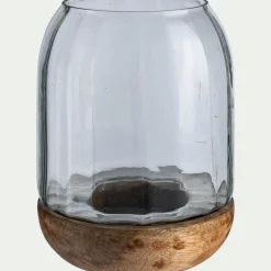 Photophore en verre et bois de manguier - transparent