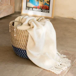 Plaid à frange en tissu effet crocheté - blanc écru 130x170cm