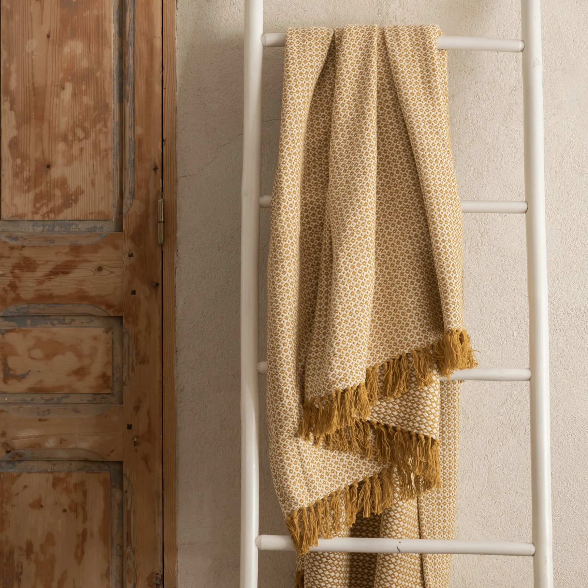 Plaid à franges et motifs en coton - jaune argan 130x170cm