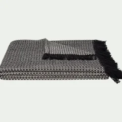 Plaid à franges et motifs en coton - noir 130x170cm