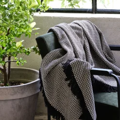 Plaid à franges et motifs en coton - noir 130x170cm