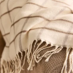 Plaid en coton et laine motif tartan finition franges 130x170cm - blanc écru