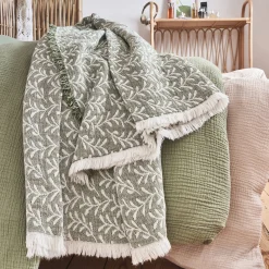 Plaid en coton motif feuilles finition franges 130x170cm - vert