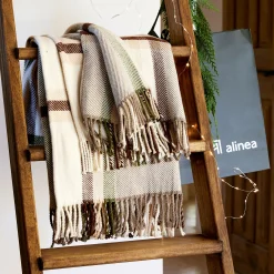 Plaid en laine et coton à carreaux finition franges 170x127cm - marron