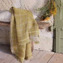 Plaid en lin lavé à carreaux finition franges 130x170cm - jaune