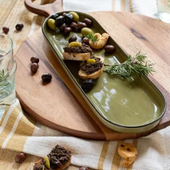 Plat apéritif en grès L32,8xl10,5cm - vert mousse