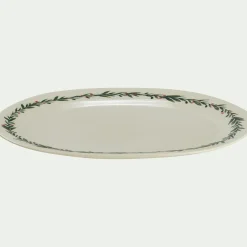 Plat ovale avec motif houx en grès L40cm - blanc