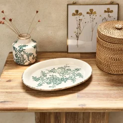 Plateau déco en céramique motif fleuri 24,8x18cm - blanc