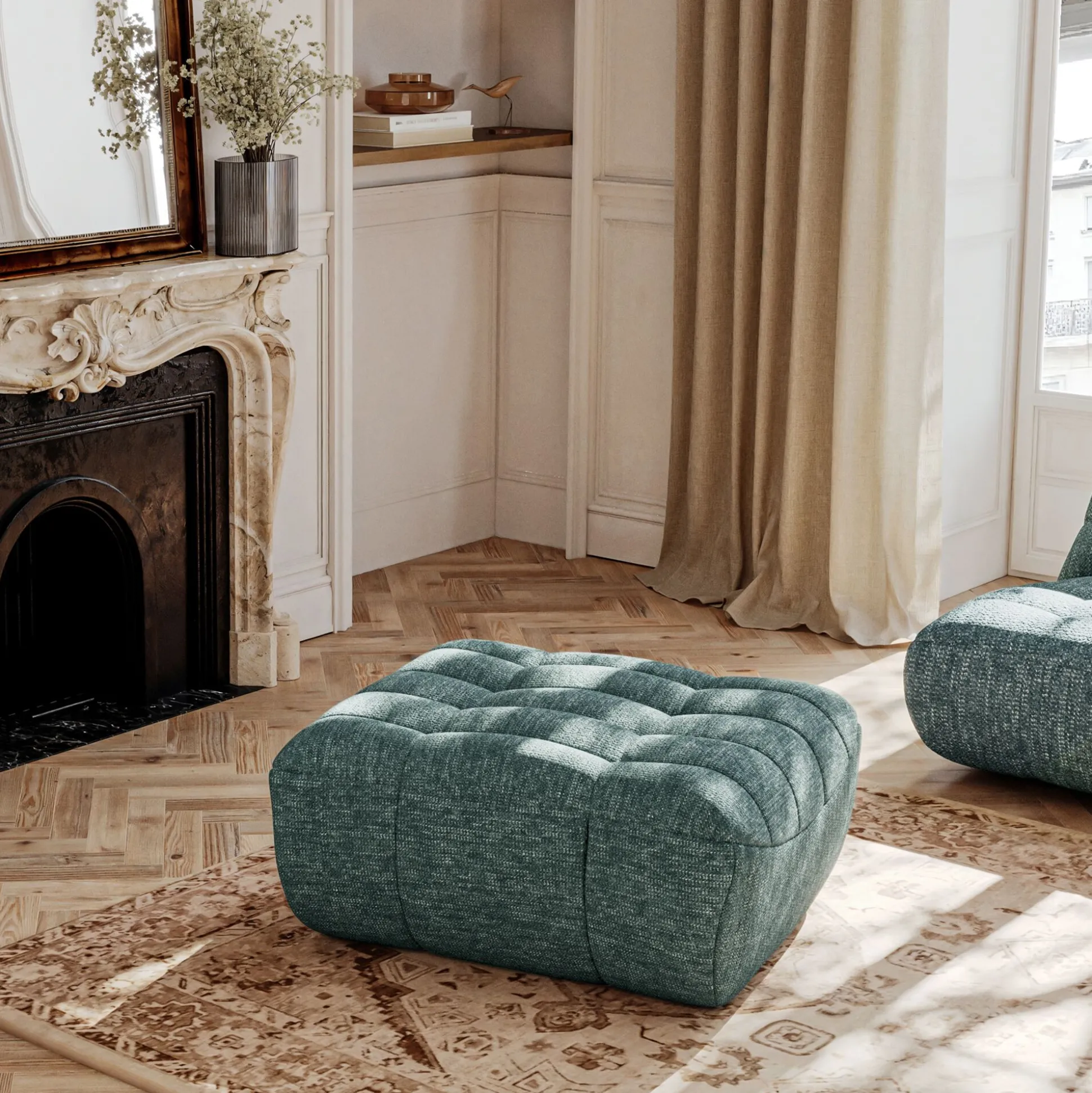 Pouf en tissu chenille - bleu calaluna