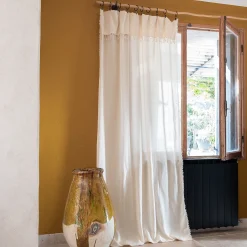Rideau à anneaux pinces en coton finition franges 105x280cm - blanc cassé