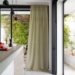 Rideau à passants cachés en lin lavé finition surpiqure 140x260cm - vert olivier