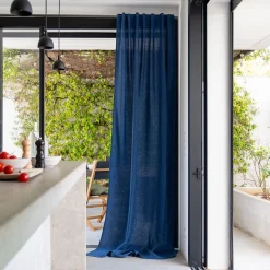 Rideau à passants cachés en lin lavé finition surpiqure 140x260cm - bleu